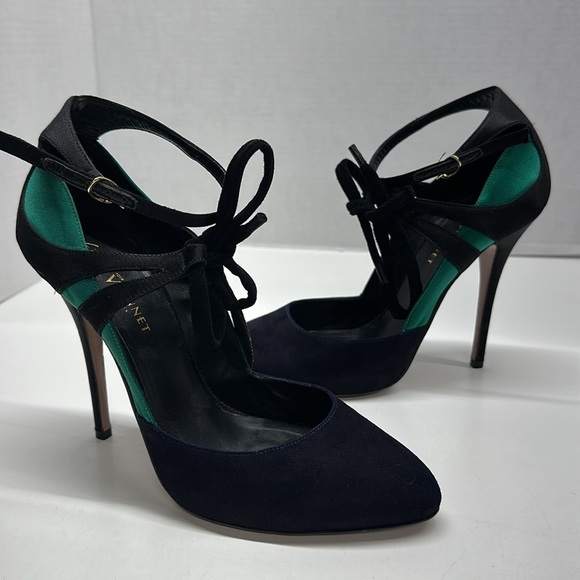 Giuseppe Zanotti Heels High Heel Pumps Ankle Strap Suede Black Green Size 40 10 - Picture 1 of 11